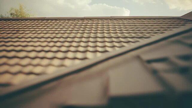 Brown roof tiles forming a textured surface beneath a light blue sky with white clouds and glimpsing green foliage, creating an architectural and serene outdoor scene
