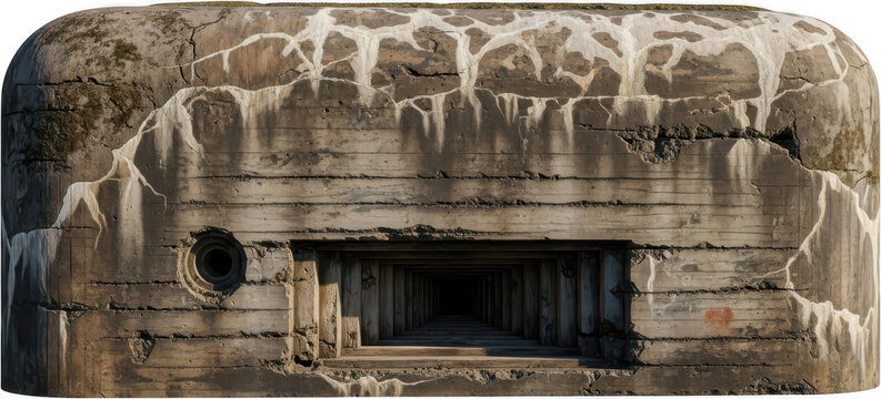 View into the dark fortified interior of an aged concrete bunker with a circular embrasure and weathered texture fortification military defense structure old historical architecture