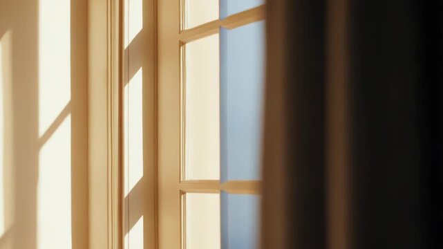 Warm sunlight streaming through a window creating strong, graphic shadows and abstract patterns on a light colored interior wall, conveying a cozy and serene atmosphere