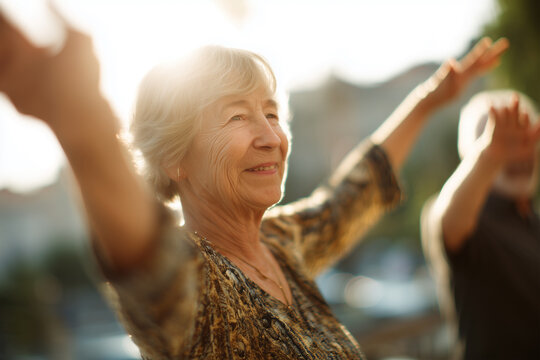 Senior woman teaches friend dance moves with arm waves during outdoor gathering in the afternoon sun