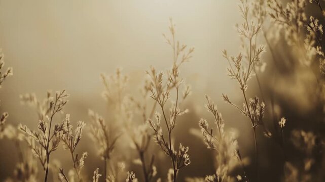 Delicate wild grasses backlit by warm golden light, soft bokeh and sepia tones creating a peaceful, abstract meadow texture and tranquil natural atmosphere