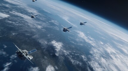 Obraz premium The operational fleet of internet satellites in orbit conveys the sophisticated engineering behind each satellite, crucial for delivering internet services and enhancing communication networks