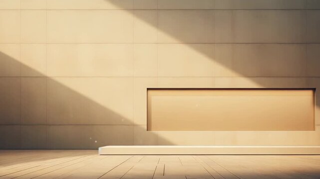 Minimalist interior with a beige tiled wall featuring a rectangular niche and a low pedestal, bathed in natural sunlight creating dynamic shadows and emphasizing clean lines