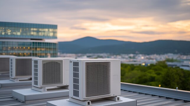An air conditioning system on a rooftop demonstrates the installation of energy-efficient units, blending seamlessly with the sleek design of a contemporary building, while providing a functional