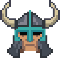 Obraz premium Pixel art viking helmet with horns vector illustration, retro 8-bit warrior headgear for fantasy game design