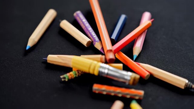 Various colored pencils and art tools are scattered on a textured black surface. Soft focus