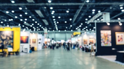 Blurred contemporary art fair hall with visitors moving through exhibition booths. This image symbolizes creative industry flow, modern culture, and the exchange of ideas.
