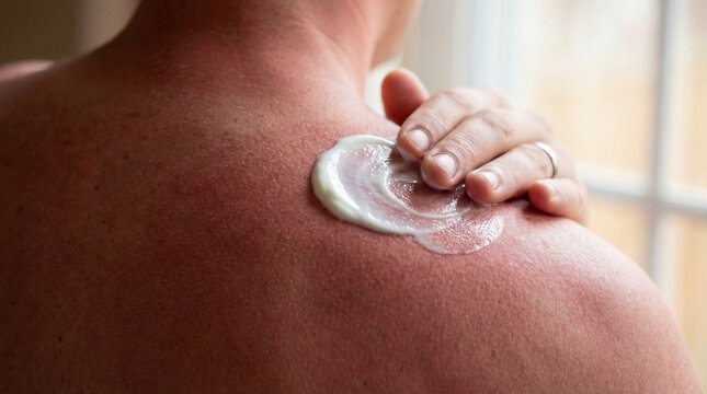 Man applies soothing cream to a painful sunburn