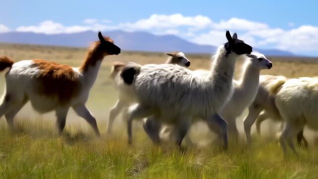 A herd of camelids, in various colors, grazes in a grassy field with mountains and blue sky in the background