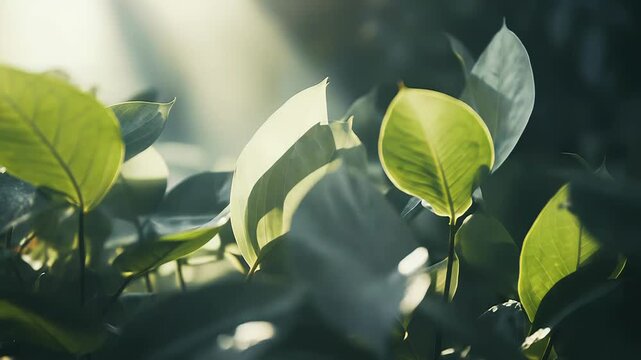 Green leaves bathed in soft sunlight, creating a tranquil, fresh backdrop that evokes growth, renewal and natural beautyperfect for eco, garden or spring themes