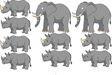 Fototapeta premium Cute cartoon elephant and rhinoceros character set for wildlife safari kids education vector illustration