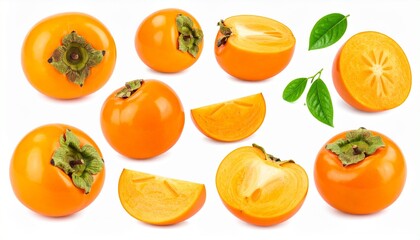 Collection of ripe orange persimmons with leafy tops and sliced fruit showing star-shaped pattern on white background