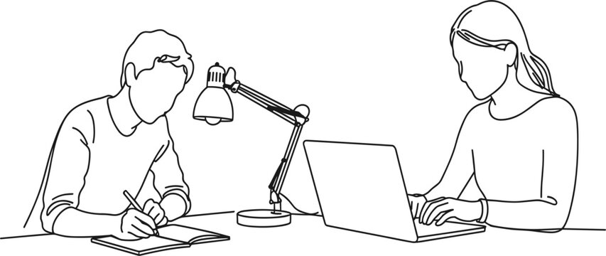 Hand drawn vector line art of people working at desk with laptop and lamp, office illustration