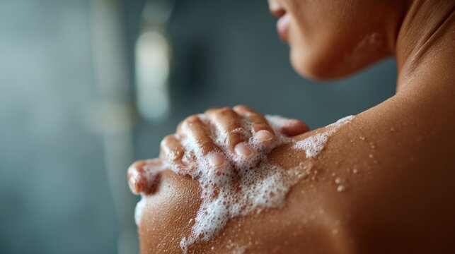 A close-up of a person washing their shoulder, with soap bubbles visible, capturing a moment of personal care in a shower setting.