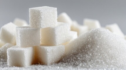 A close-up of white sugar cubes stacked on a mound of granulated sugar, showcasing their crystalline texture and bright appearance.