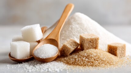 A close-up of various types of sugar, including granulated, brown, and sugar cubes, arranged on a surface with wooden spoons.