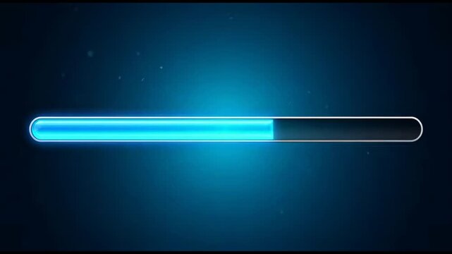 A glowing blue digital progress bar indicates a task in progress, with a sleek design and subtle floating particles adding a futuristic feel. The dark blue background enhances the visual.