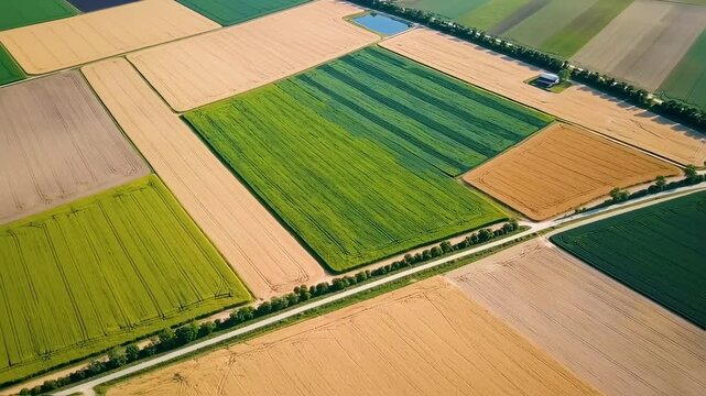 Aerial view of farmland, patchwork fields, with varying crops, road, and small bodies of water