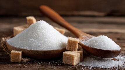 A close-up view of white and brown sugar in wooden spoons, showcasing their textures against a rustic wooden background.