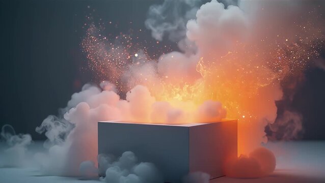 Explosive Orange Flames Erupting from a Dark Box Surrounded by Smoke