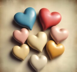 Fototapeta premium Romantic vintage love hearts, faded colors, antique postcard style, nostalgic mood