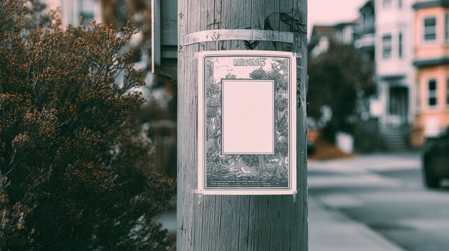 Missing Person or Pet Poster with Blank Copy Space Taped to a Wooden Utility Pole on a Residential Street