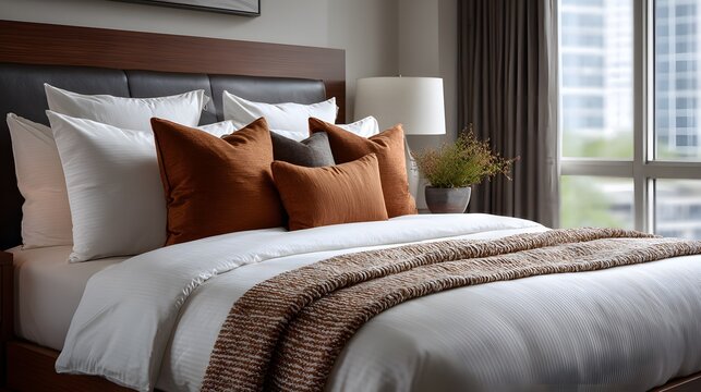 Beautifully made bed with crisp white linens and brown accent pillows featuring a textured throw blanket under bright window natural light.