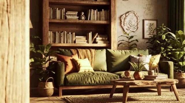 Cozy, warm, inviting living room with rustic wooden furniture, shelves overflowing with books, plush green sofa with decorative pillows, lush potted plants, woven rug, soft ambient lighting, char