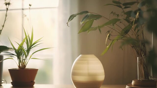 Essential oil diffuser illuminating a modern home interior, placed on a wooden table with potted plants and natural light streaming through a window, promoting wellness and relaxation