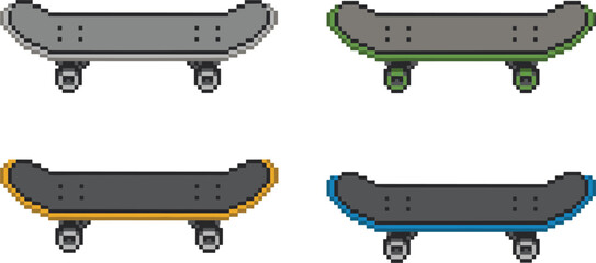 Colorful pixel art skateboard vector collection, retro 8-bit skating equipment icons for digital gaming design illustration © Sume