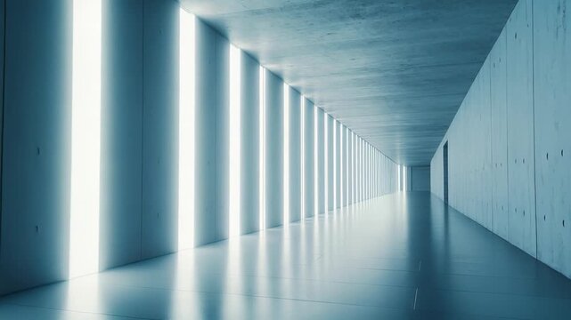 Future focused architectural design showing a long, empty concrete corridor with vertical light elements reflecting on the polished floor, creating a sense of infinite depth and a linear journey