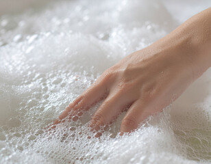 Fototapeta premium Close-up of Hand Touching Thick Creamy Soap Foam with Tiny Bubbles