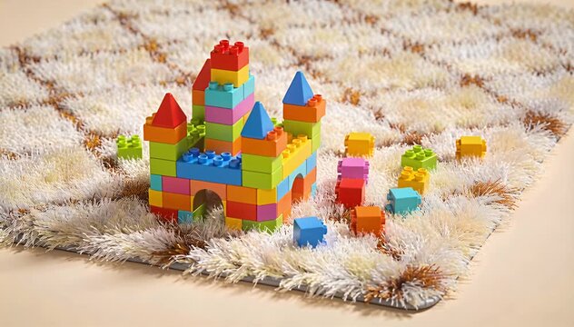 Building blocks castle on fluffy rug, toy construction fun, educational play building blocks, toy castle, rug.