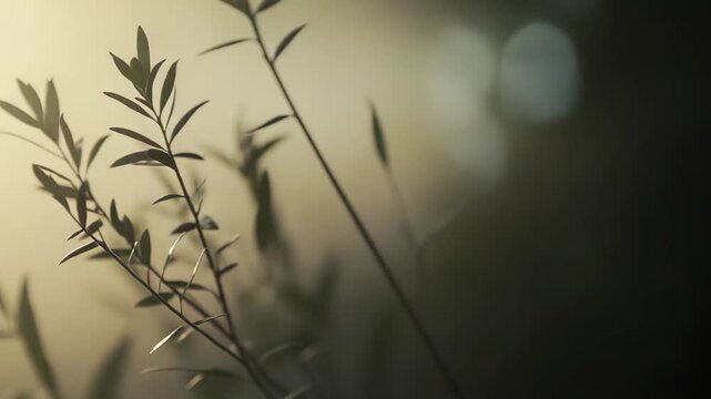 Delicate green branches with small leaves are bathed in soft, diffused golden light against a hazy, warm background, creating a serene and peaceful natural atmosphere