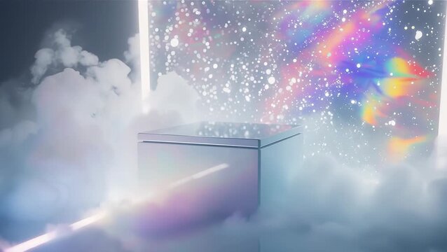 Abstract Scene with Prism Box and Colorful Light Reflections in Cloudy Atmosphere