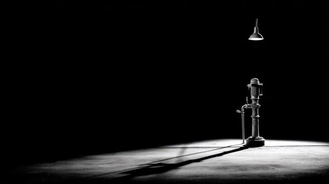 A grayscale still life, a vintage water pump, centrally placed in a dark room, highlighted by a single light source