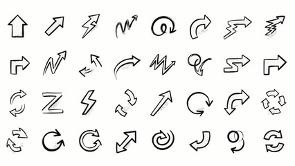 Collection of 30 black minimalist hand drawn arrows and symbols on white