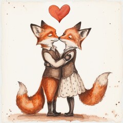 Fototapeta premium Two foxes hugging watercolor animal mammal art.