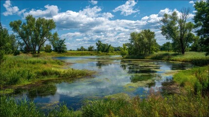 Serene pond reflecting a blue sky with fluffy white clouds in a lush green summer landscape