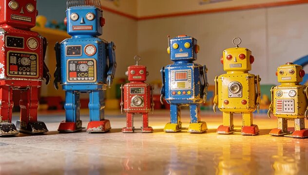A colorful line of vintage wind-up tin robots standing in a room with toys robot collectibles tin toys.