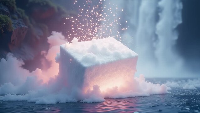 Enigmatic Cube Emerging from Misty Waters with Sparkling Light