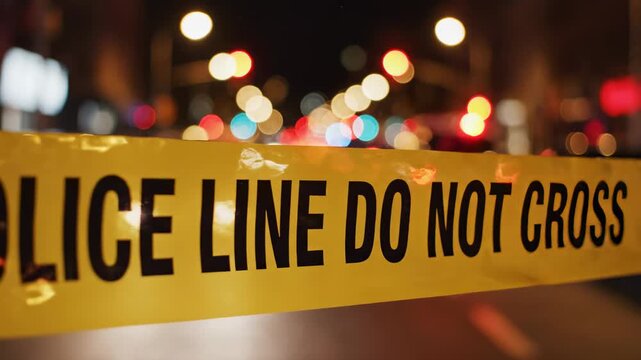 Yellow 'Police Line Do Not Cross' tape is cordoning off a critical crime scene area, sharply contrasting against a blurred nighttime urban backdrop with flashing emergency vehicle lights, signaling an