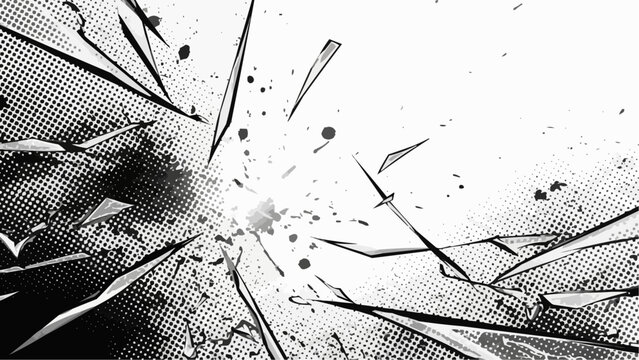 Shattered glass effect with sharp fragments and debris in black white