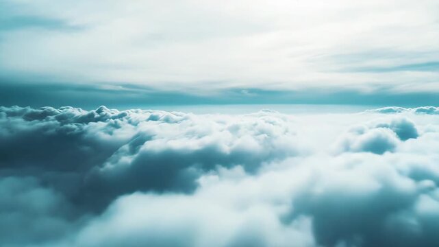 Aerial view capturing a serene cloudscape stretching across the horizon, highlighting the vastness of the sky and the beautiful textures of the clouds from an elevated perspective