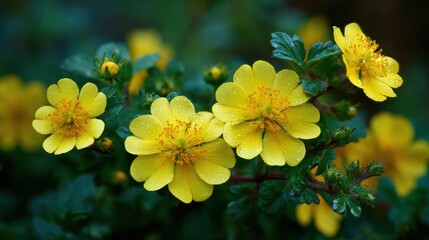 Vibrant Yellow Flowers with Water Droplets on Green Foliage Background