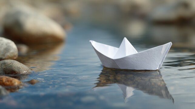 White paper boat floating on calm water with blurred rocks in a natural setting