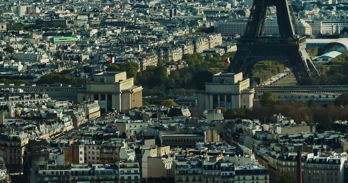 Aerial panning view of the historic center of Paris with the Eiffel Tower at summer day. Panorama of Paris from above. Aerial View on Eiffel Tower and Champ de Mars