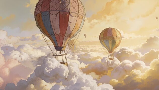 Vintage hot air balloons float majestically above soft clouds at sunrise, aerial adventure travel dreamscapes.