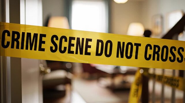 Yellow crime scene tape securely blocks access within a residential interior, signaling restricted entry and hinting at an ongoing police investigation, creating a sense of mystery and forensic