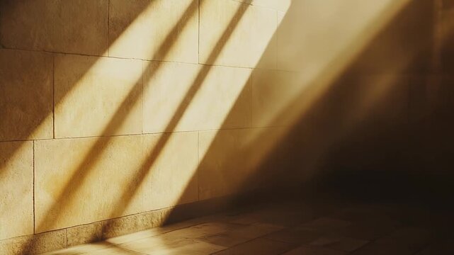 Sunlight beams create dramatic shadows and light patterns across a rustic stone wall and floor, symbolizing hope, divine presence, and a path forward in an empty space